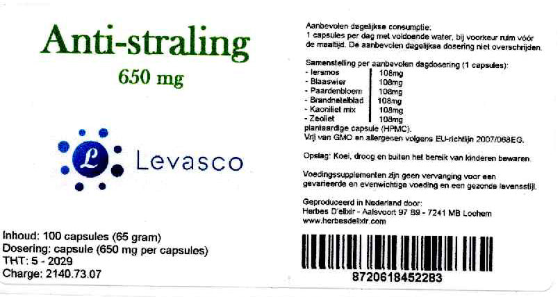 Etiketten van Anti-stralingscapsules 650 mg. Productfoto bij de collectie Ondersteuning: supplementen als aanvulling bij stralingsbelasting. Geen medische claim.