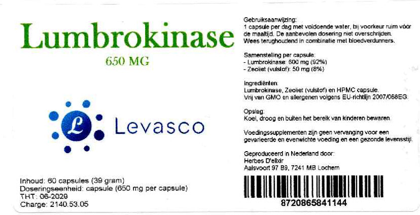 Etiketten van Lumbrokinase capsules 650 mg. Productfoto bij de collectie Ondersteuning in het supplementenassortiment van StralingVeilig. Geen medische claim.