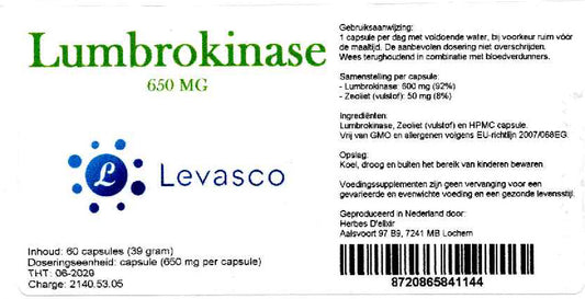 Etiketten van Lumbrokinase capsules 650 mg. Productfoto bij de collectie Ondersteuning in het supplementenassortiment van StralingVeilig. Geen medische claim.