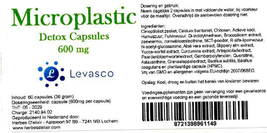 Etiketten van Microplastic Detox Complex 600 mg. Productfoto bij de collectie Ondersteuning in het supplementenassortiment van StralingVeilig. Geen medische claim.