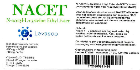 Etiketten van NACET (N-acetyl-cysteïne-ethylester) en NAC. Productfoto bij de collectie Ondersteuning in het supplementenassortiment van StralingVeilig. Geen medische claim.