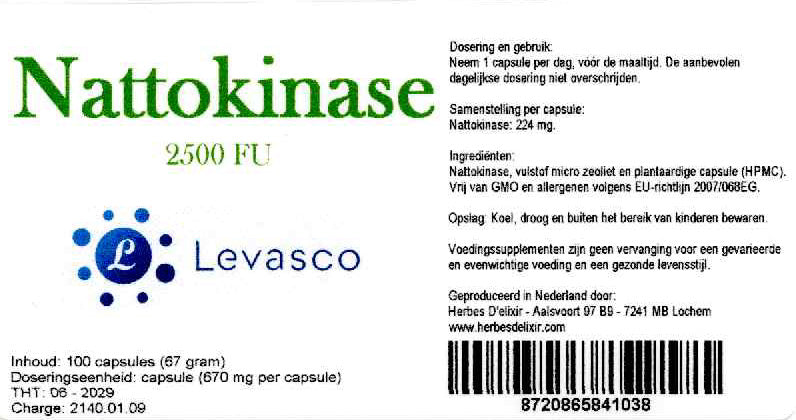 Etiketten van Nattokinase 2500 FU capsules. Productfoto bij de collectie Ondersteuning van StralingVeilig. Geen medische claim.