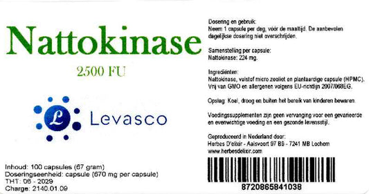 Etiketten van Nattokinase 2500 FU capsules. Productfoto bij de collectie Ondersteuning van StralingVeilig. Geen medische claim.