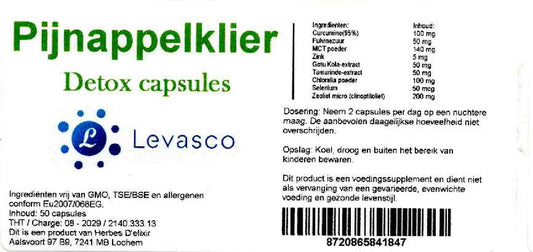 Etiketten van Pijnappelklier-capsules, eigen ontwikkeling. Productfoto bij de collectie Ondersteuning van StralingVeilig. Geen medische claim.