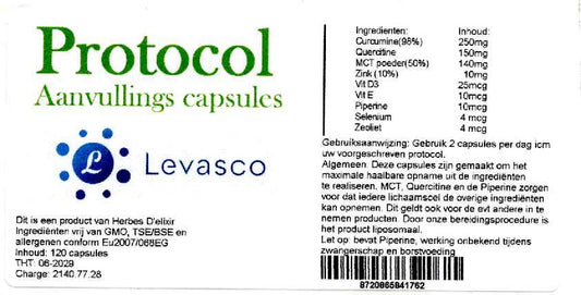 Etiketten van Protocol aanvullingscapsules. Productfoto bij de collectie Ondersteuning van StralingVeilig. Geen medische claim.