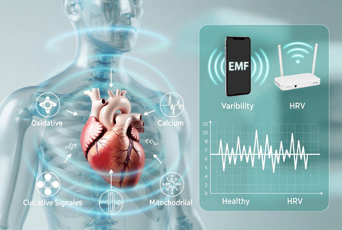 Illustratie van het hart met hartslagvariabiliteit (HRV) tussen een smartphone en een wifi-router
