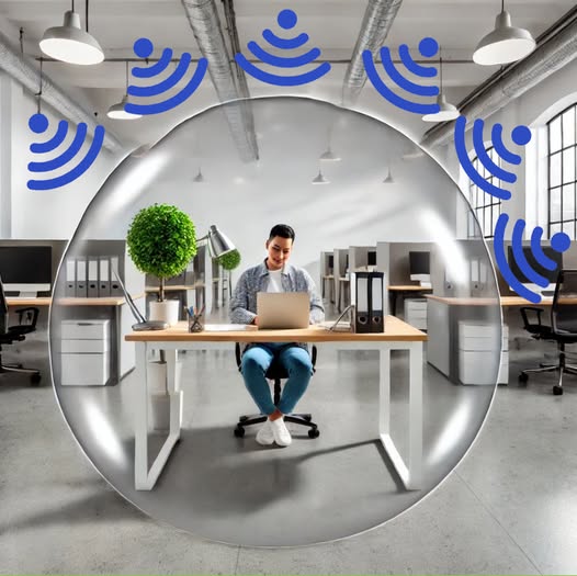 Illustratie: een man werkt op kantoor in een beschermende bel, omringd door wifi-signalen