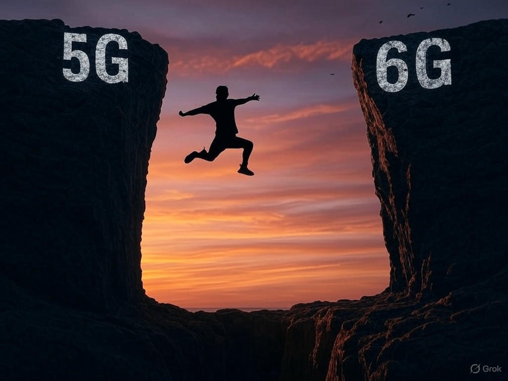 Illustratie: een man springt van een rots met 5G naar een rots met 6G tegen een avondlucht