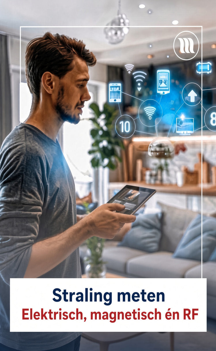 Man in huis met tablet en wifi-iconen. Collectiefoto bij stralingsmeters voor hoogfrequente, magnetische en elektrische velden. Tekst: “Straling meten – Elektrisch, magnetisch én RF”. Memon logo rechtsboven.