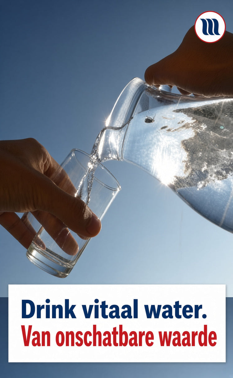 Water wordt uit een glazen karaf in een glas geschonken tegen een blauwe lucht. Memon logo rechtsboven. Tekst: “Drink vitaal water. Van onschatbare waarde”. Beeld bij Memon-watervitalisatie en coherent water.