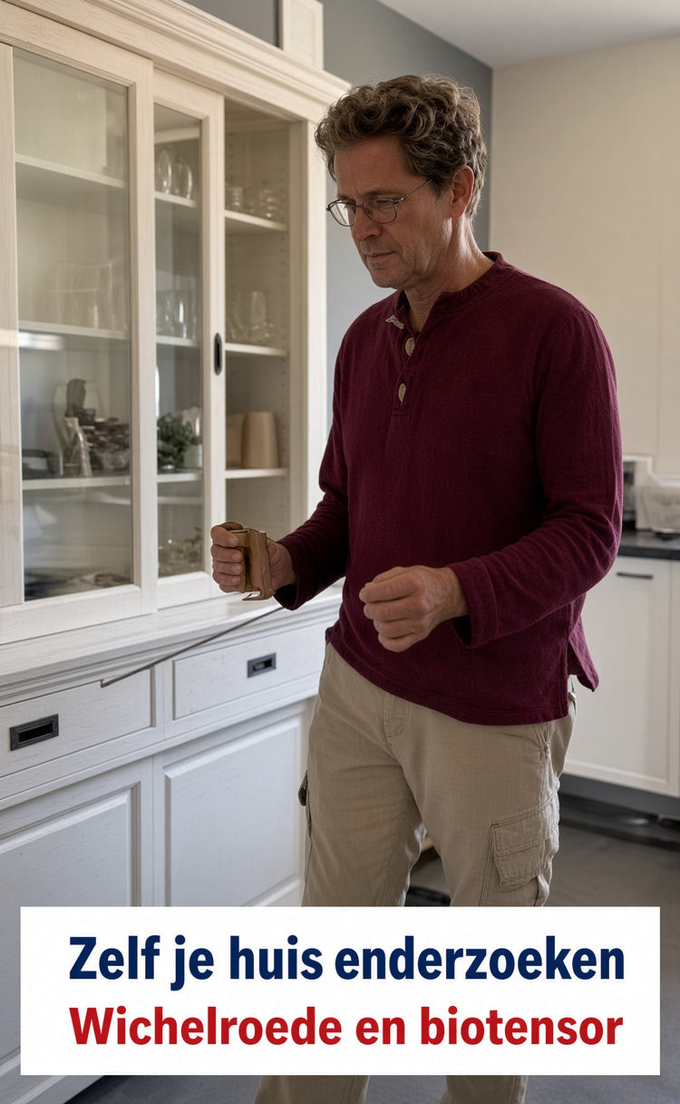 Man in een woonkamer onderzoekt de ruimte met wichelroedes in beide handen. Collectiefoto bij zelf onderzoeken van wateraders met wichelroede of biotensor. Tekst: “Zelf je huis onderzoeken – Wichelroede en biotensor”.