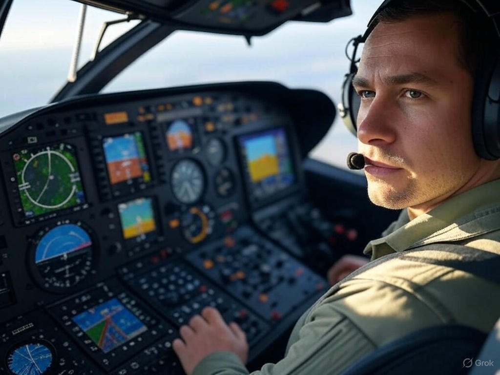 Piloot in een militaire cockpit met headset, als beeld bij defensie en mmWave-technologie