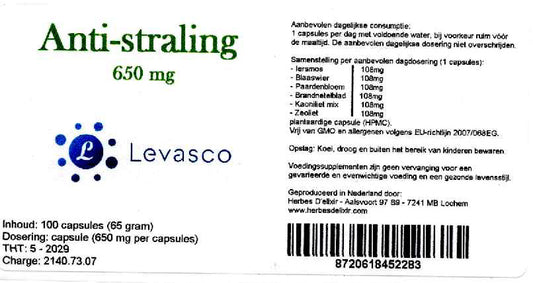 Etiketten van Anti-stralingscapsules 650 mg. Productfoto bij de collectie Ondersteuning: supplementen als aanvulling bij stralingsbelasting. Geen medische claim.