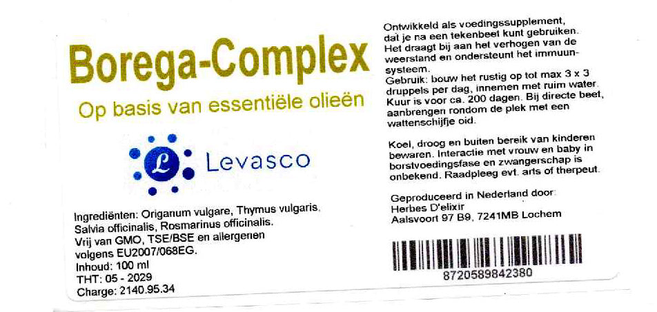 Etiketten van Borega-Complex, kruidentinctuur met oregano, tijm, salie en rozemarijn. Productfoto bij ondersteuning en immuunboost in het supplementenassortiment van StralingVeilig.