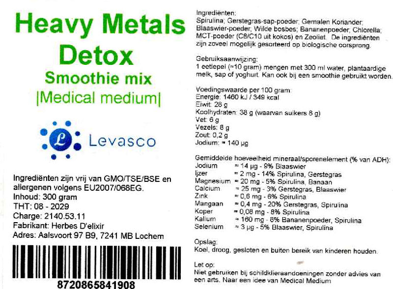 Etiketten van Zware metalen Detox poeder. Productfoto bij de collectie Ondersteuning in het supplementenassortiment van StralingVeilig. Geen medische claim.