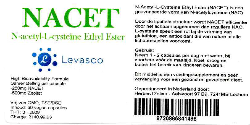 Etiketten van NACET (N-acetyl-cysteïne-ethylester) en NAC. Productfoto bij de collectie Ondersteuning in het supplementenassortiment van StralingVeilig. Geen medische claim.