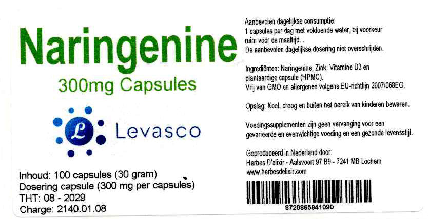 Etiketten van Naringenine capsules 300 mg. Productfoto bij de collectie Ondersteuning in het supplementenassortiment van StralingVeilig. Geen medische claim.