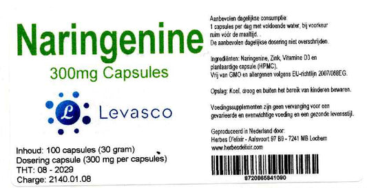 Etiketten van Naringenine capsules 300 mg. Productfoto bij de collectie Ondersteuning in het supplementenassortiment van StralingVeilig. Geen medische claim.