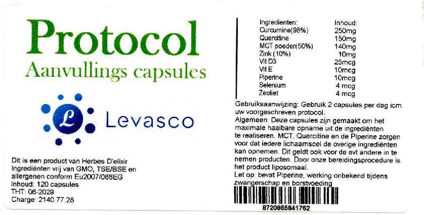 Etiketten van Protocol aanvullingscapsules. Productfoto bij de collectie Ondersteuning van StralingVeilig. Geen medische claim.