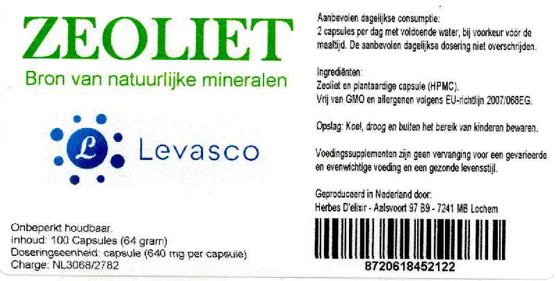Etiketten van zeolietcapsules (klinoptiloliet). Productfoto bij de collectie Ondersteuning: binder/detox-supplement in het assortiment van StralingVeilig. Geen medische claim.