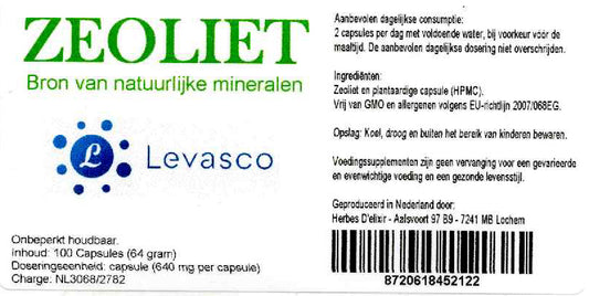 Etiketten van zeolietcapsules (klinoptiloliet). Productfoto bij de collectie Ondersteuning: binder/detox-supplement in het assortiment van StralingVeilig. Geen medische claim.