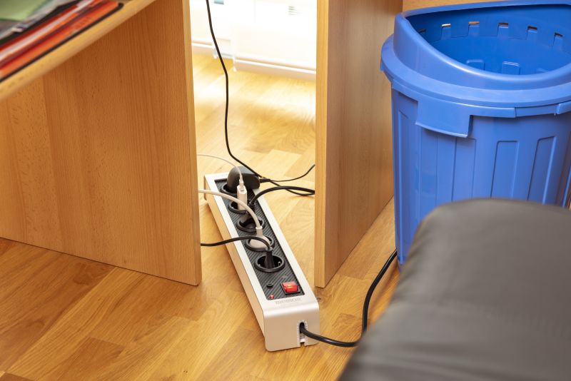Memonizer WORKSTATION stekkerdoos in gebruik onder een houten bureau, met meerdere aangesloten stekkers en een rode aan/uit-schakelaar, op een houten vloer naast een blauwe prullenbak.