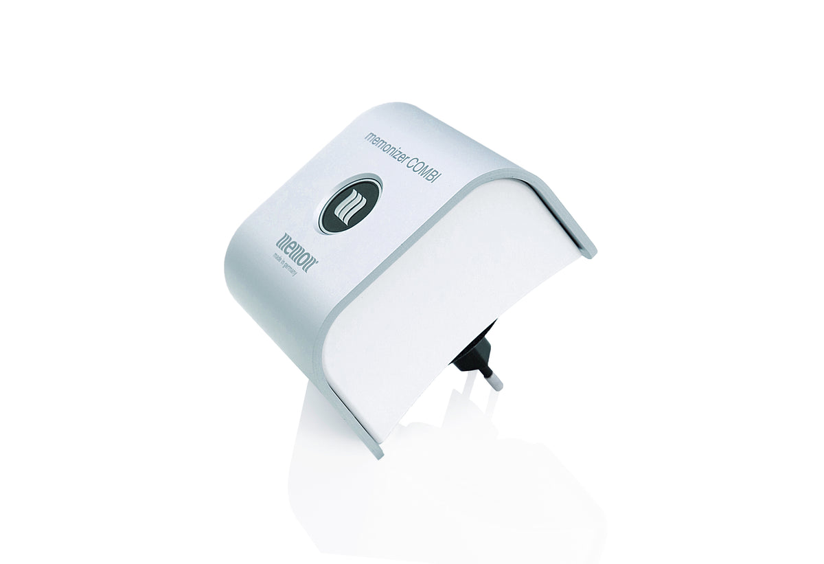 MemonizerCOMBI S: stralingsbescherming voor huis bij DECT, wifi, 4G, 5G en elektromagnetische velden. Memon-apparaat tegen elektrosmog, voor EHS en schonere lucht. Productfoto van het COMBI S-model.