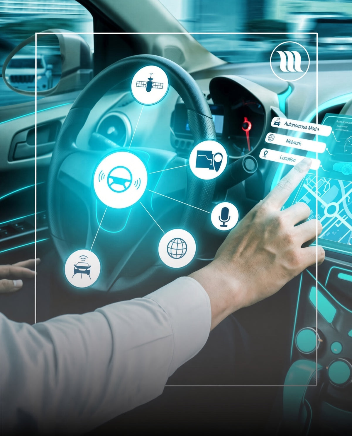 Hand wijst naar een futuristisch digitaal dashboard in een auto met holografische iconen voor navigatie, netwerk en autonoom rijden. Memon logo rechtsboven. Moderne high-tech auto-interieur.