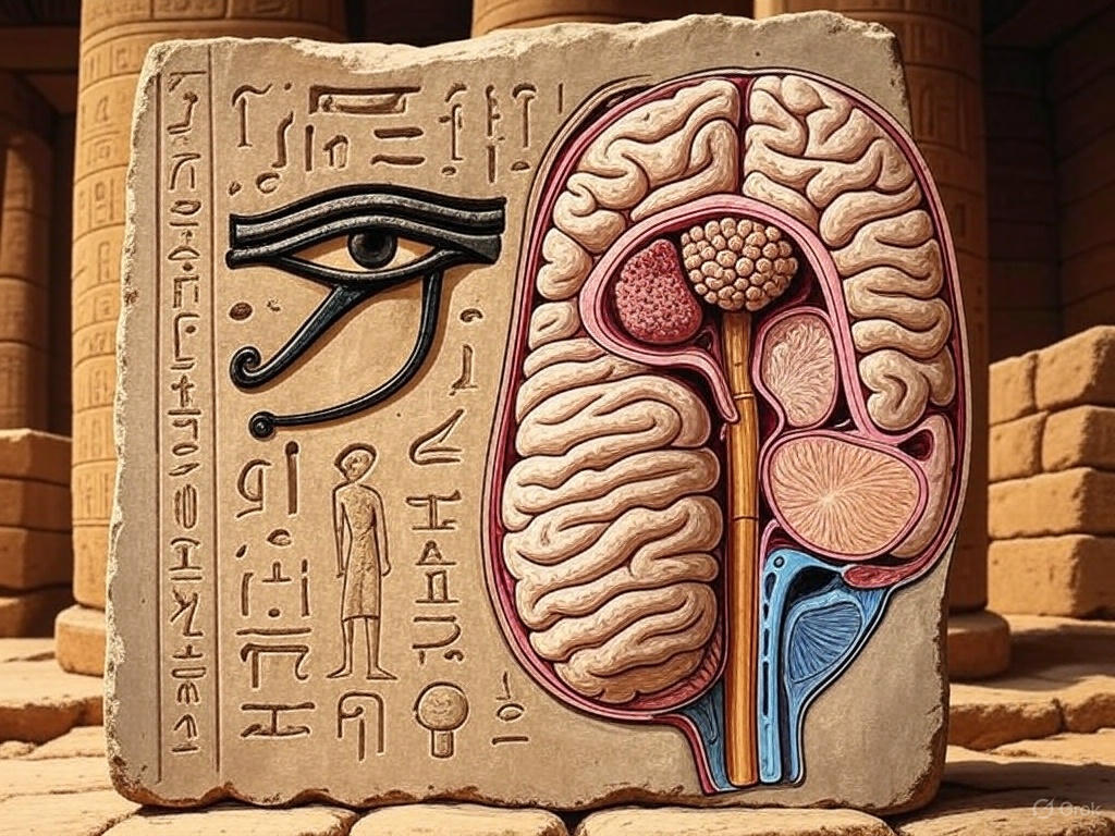 Illustratie: het oog van Horus naast een doorsnede van de hersenen met de pijnappelklier