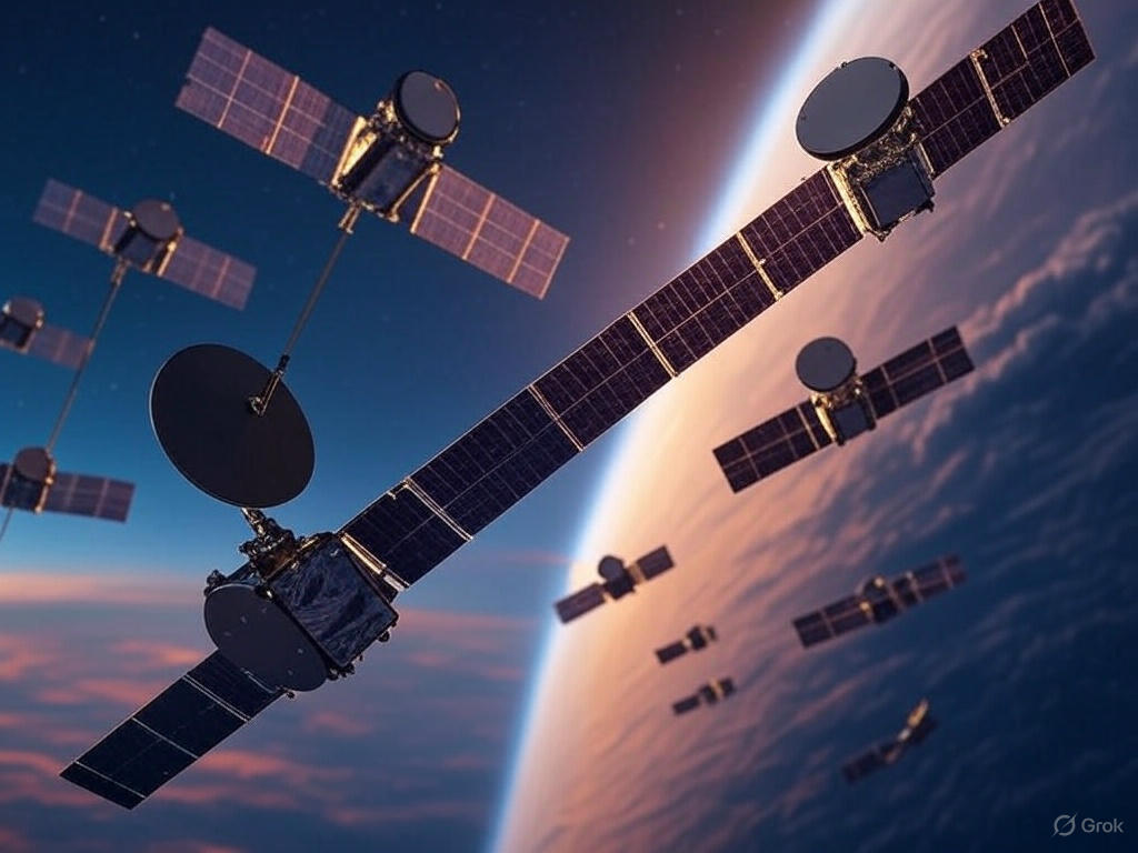 Een rij satellieten in een lage baan om de aarde, zoals die van Starlink, boven de dampkring