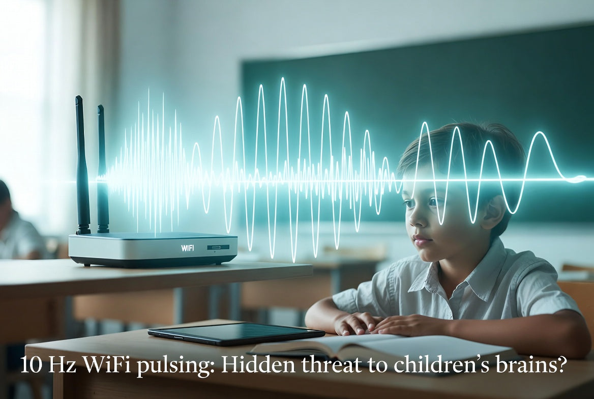 Illustratie: een kind in de klas naast een wifi-router met een golf van 10 Hz-pulsen