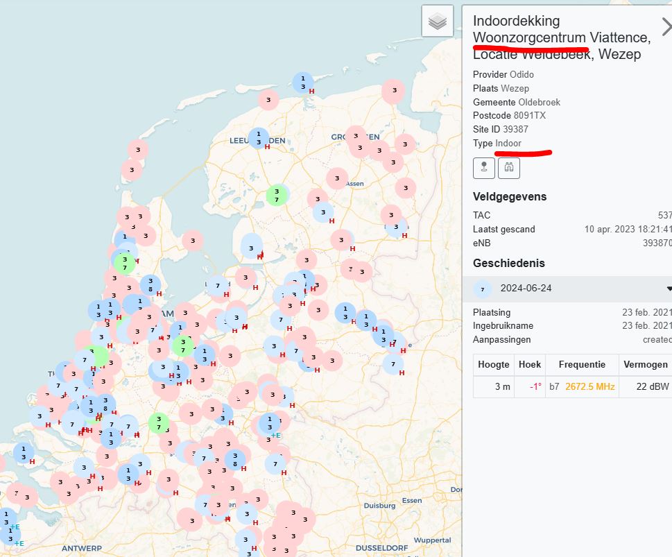 Kaart van het Antenneregister met een indoor installatie in een woonzorgcentrum