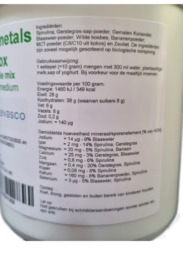 Zware metalen Detox poeder, de ingrediënten op de verpakking