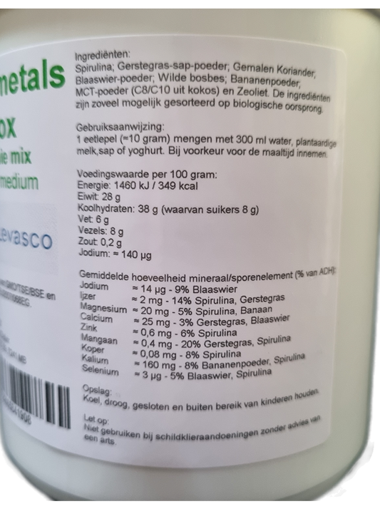 Zware metalen Detox poeder, de ingrediënten op de verpakking